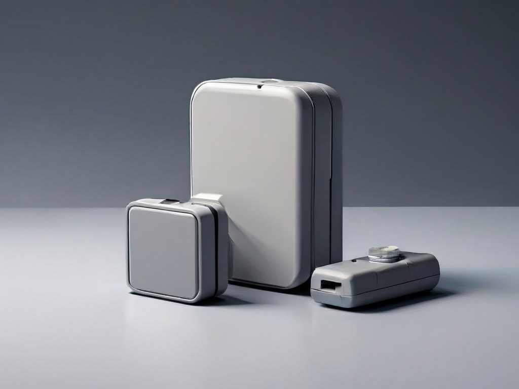 Portable storage drive with stacked blank data blocks and small capacity gauge prop on matte gray studio surface, soft side light.