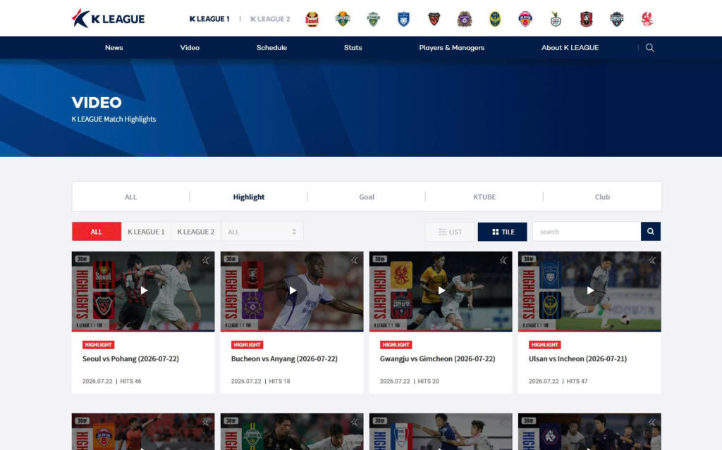 K League official website listing match highlights by teams and match date.