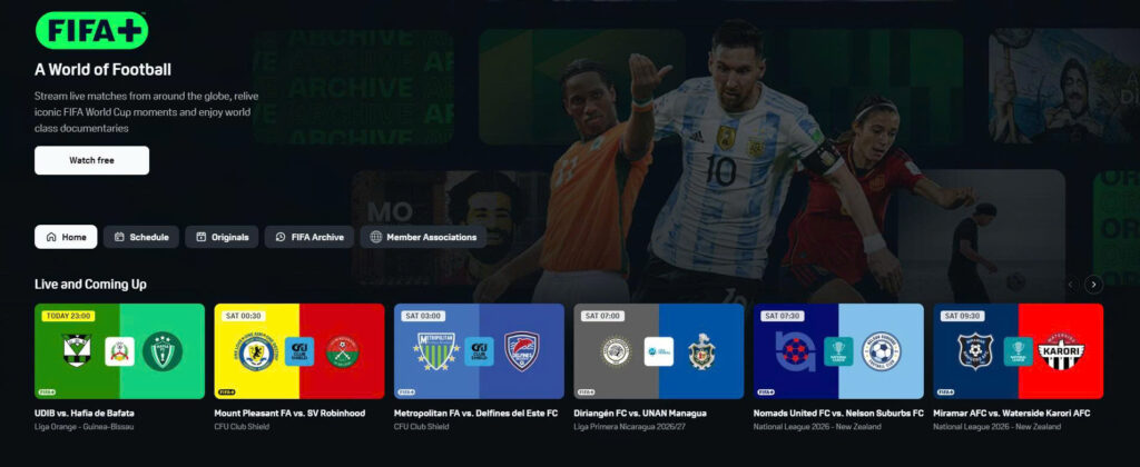 FIFA+ offering official live football matches, sports programming, and archive content without intrusive betting pop-up advertisements.
