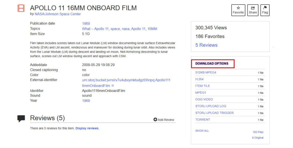 Public Apollo 11 media collection on Internet Archive offering multiple download formats, original files, and a Torrent option.