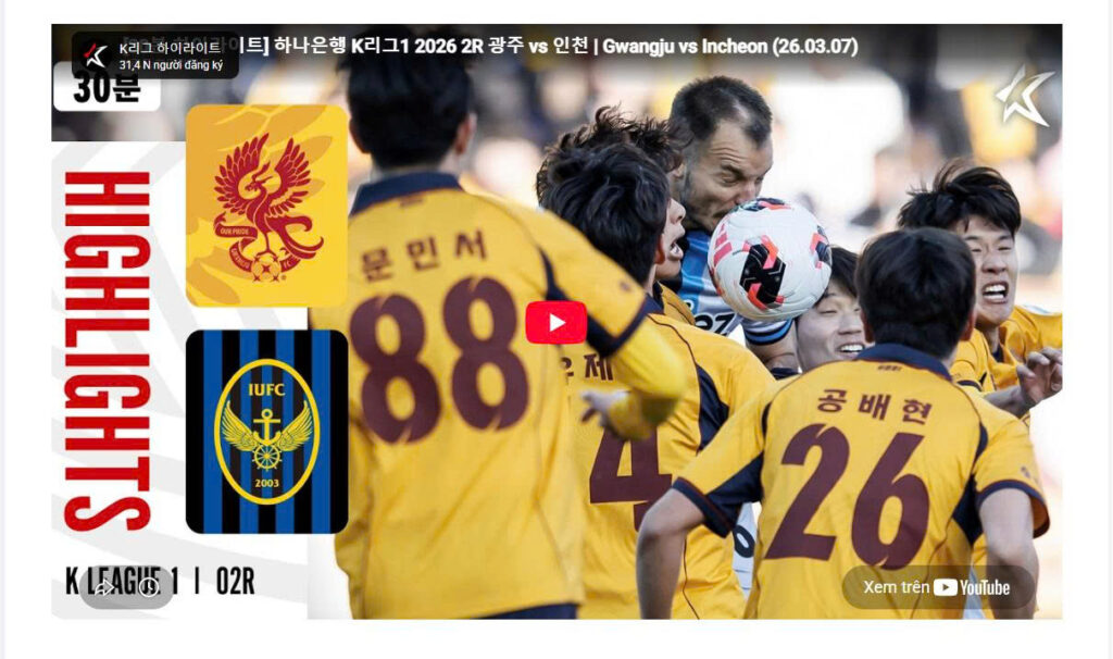 Official K League video page showing a 30-minute highlight package with the teams, competition round, and match date.
