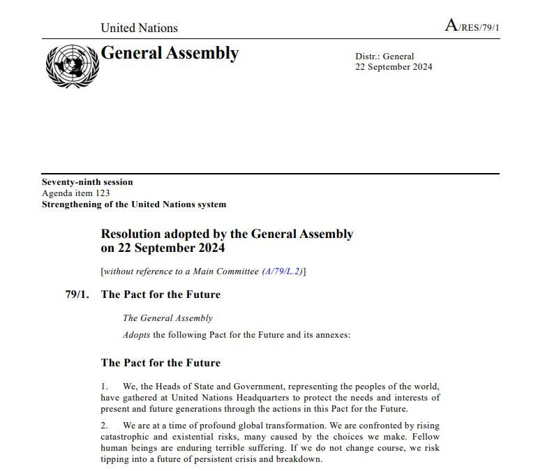First page of United Nations resolution A/RES/79/1 showing the document symbol, adoption date, and title The Pact for the Future.