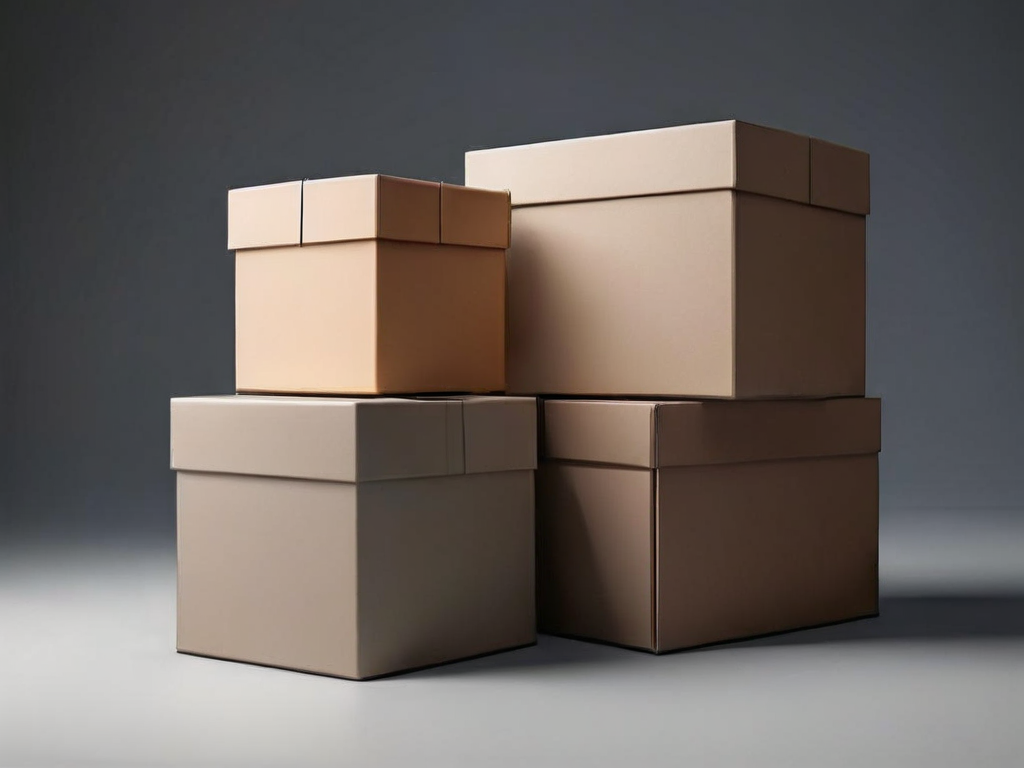 Archive boxes and a compact storage block on a gray surface, symbolizing organized digital file categorization.