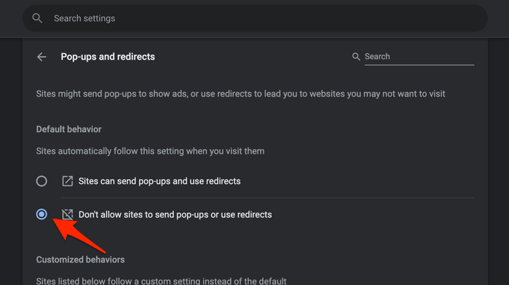 Google Chrome Pop-ups and redirects settings configured to block betting advertisements and automatic redirects from suspicious sports streaming websites.