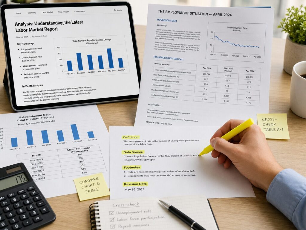 Researcher cross-checking a media article about employment with the original government labor-market report, highlighting definitions, data sources, footnotes, tables, and the revision date.