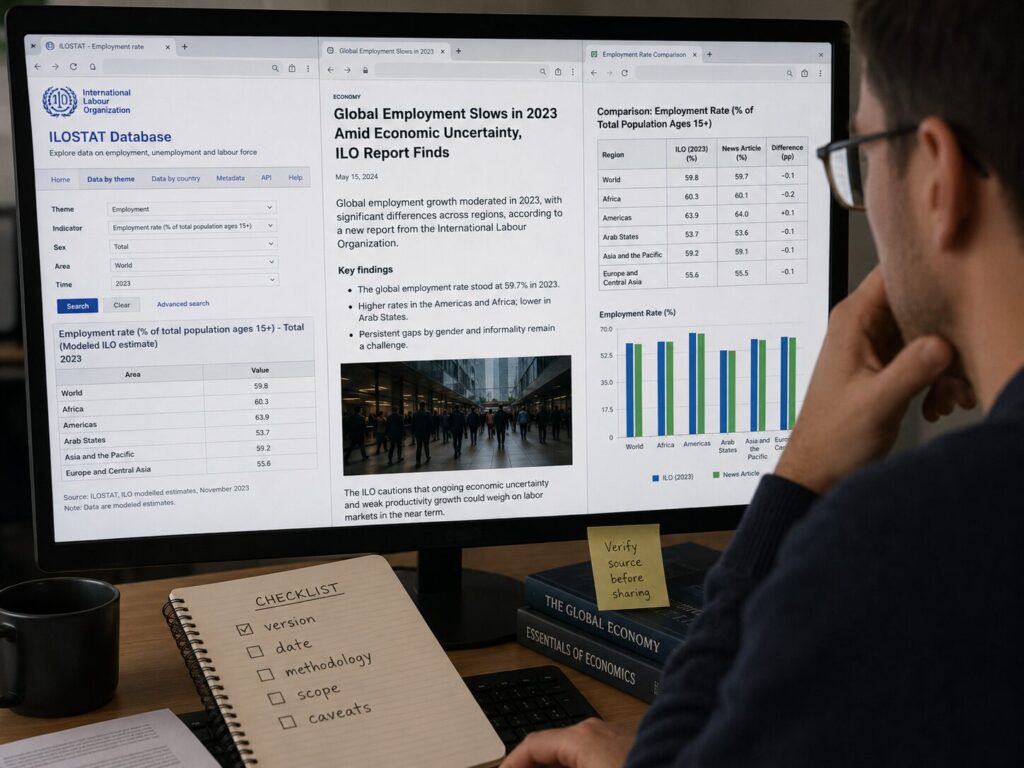 Researcher comparing an ILOSTAT database, a media report, and a side-by-side data table to verify employment figures, methodology, scope, version, and caveats before sharing.