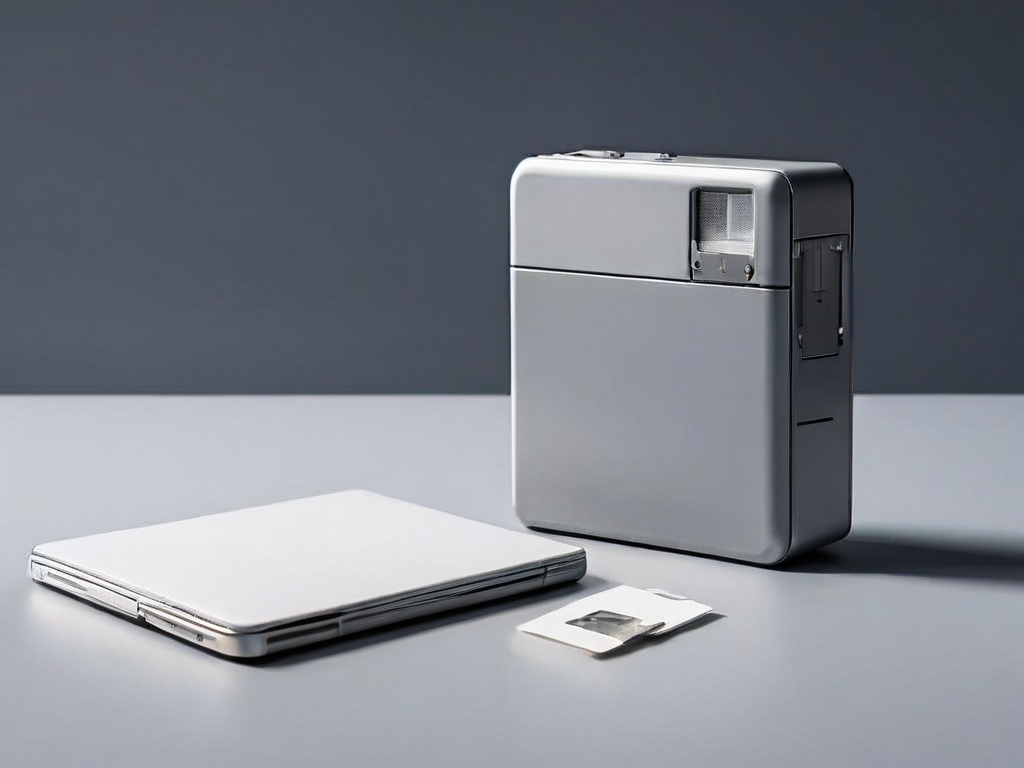 A memory card, sealed external drive, and blank photo sleeve arranged on a matte gray surface, representing a saved image archive.