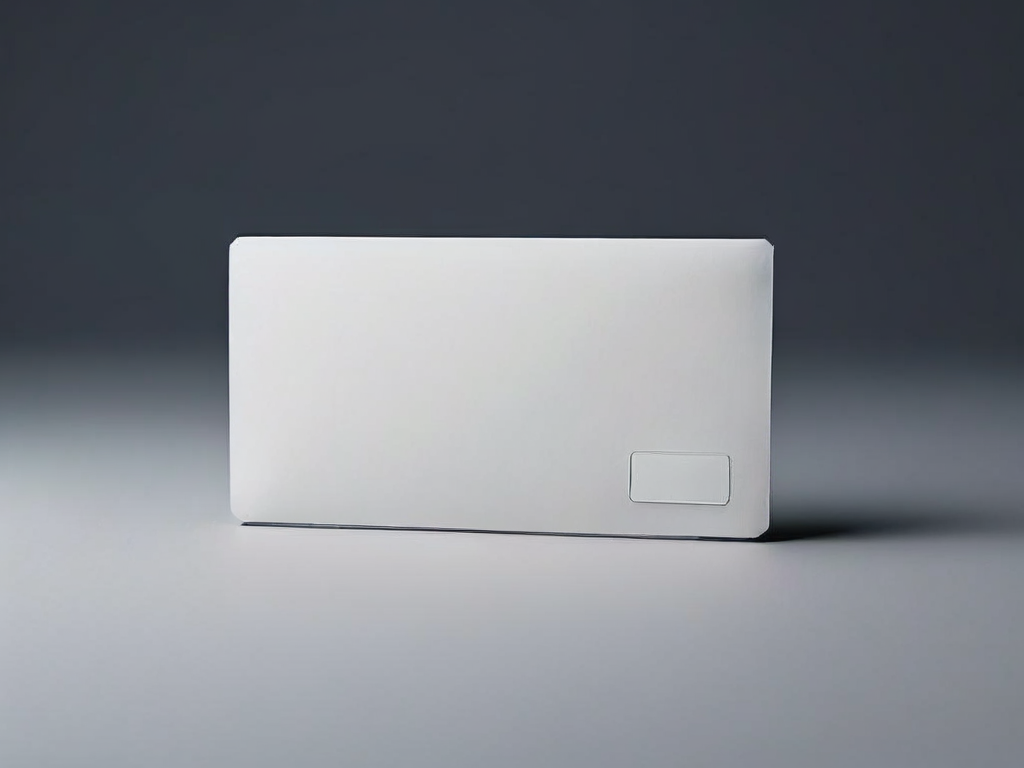 A plain payment card, a closed envelope, and a blank review card arranged on a matte gray surface with soft side light.