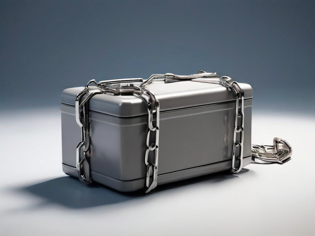 A sealed storage case with a short metal chain and small blocks representing file locations on a matte gray surface.