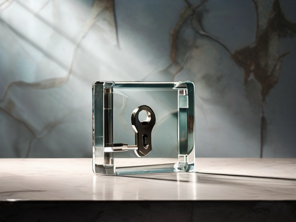 A clear glass panel with an open lock icon beside a closed security latch on a stone counter, soft studio light.