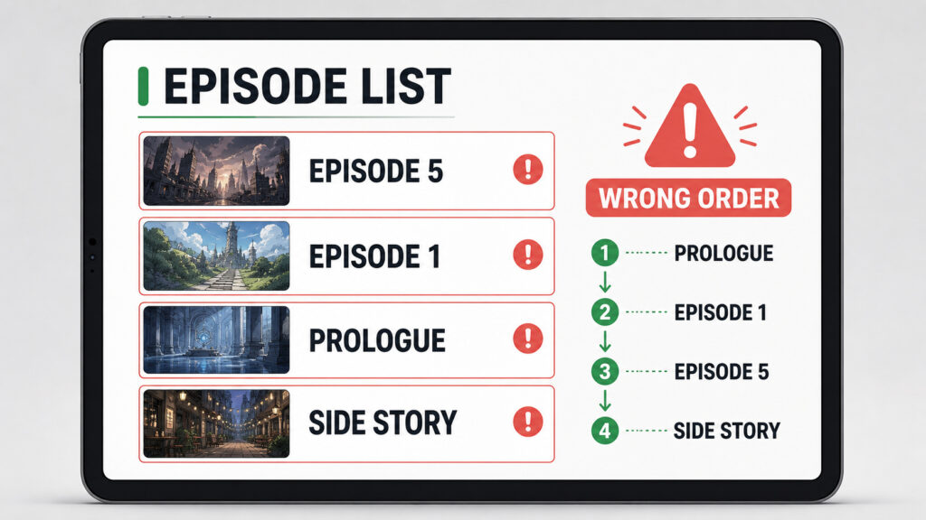 Webtoon episode list placing Episode 5 before Episode 1 and the prologue, illustrating how incorrect reading order can expose users to spoilers.