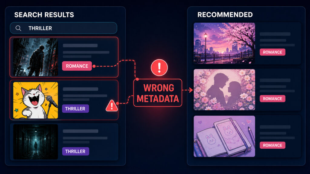 The Effects of Incorrect Content Information on Search Results, Recommendations, and Episode Order
